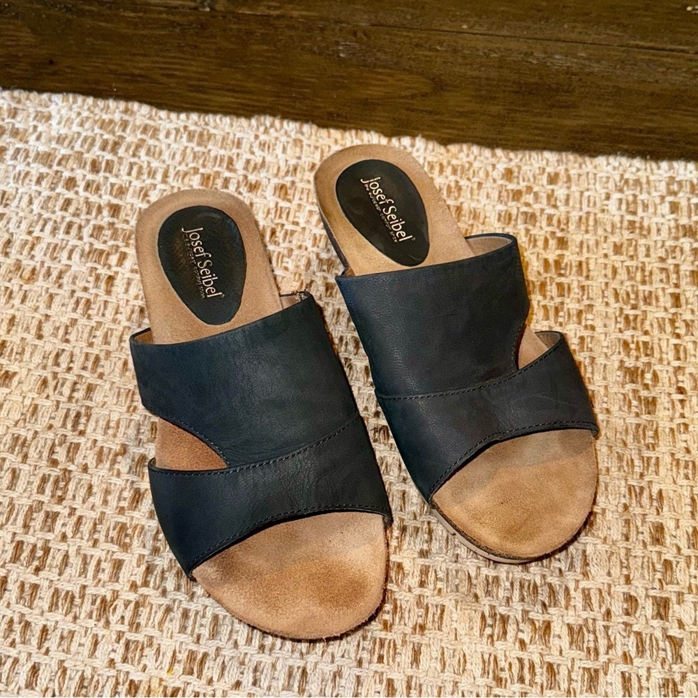 Josef Siebel Gray Blue Leather Slip On Cork Wedge Sandals Comfort Size 36